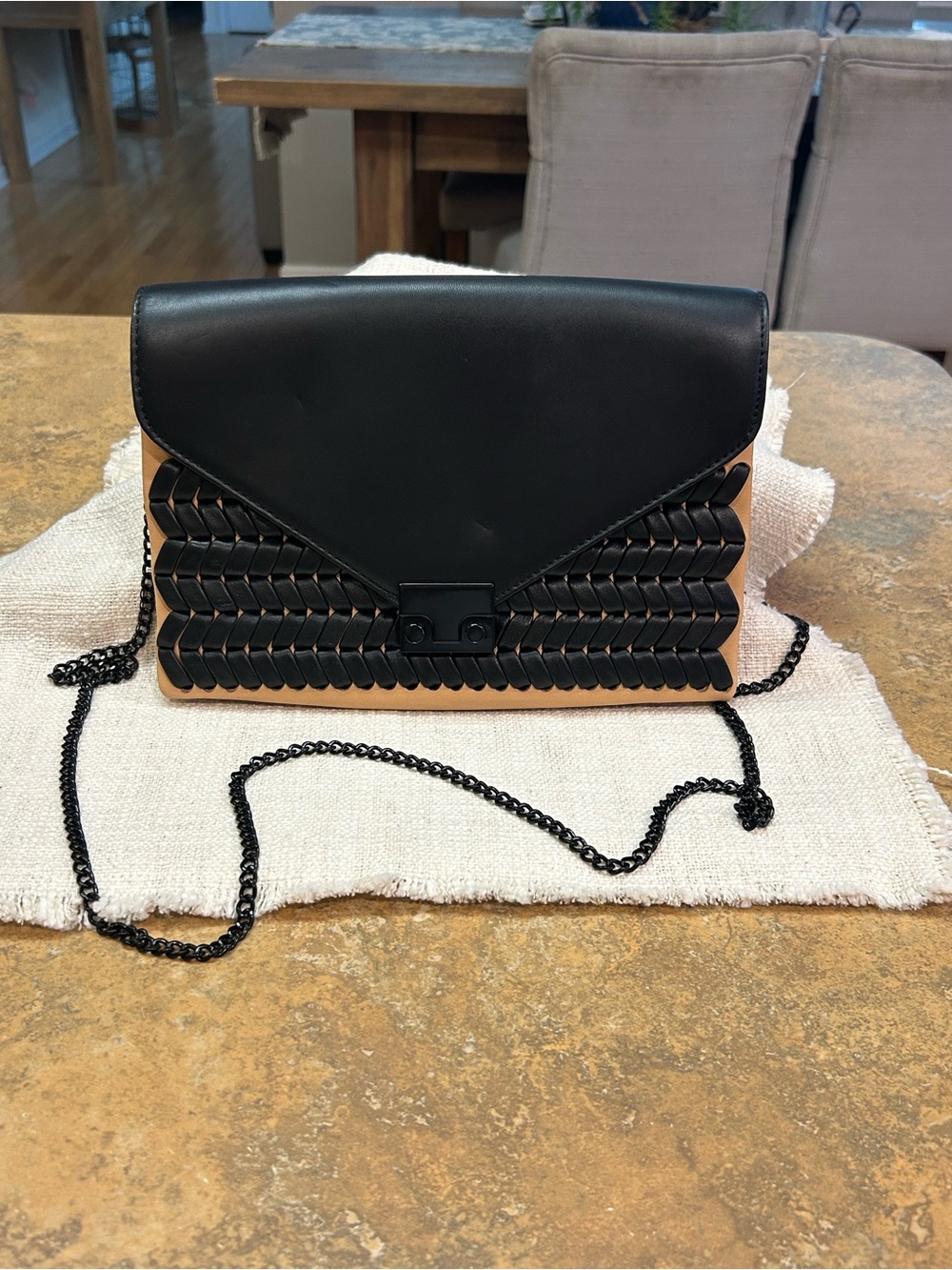 Loeffler Randal Woven Lock Black and Tan Clutch/Bag